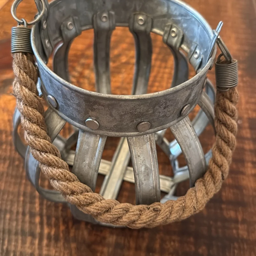 Rustic Farmhouse Galvanized Metal Crown Candle Holder Lantern with Rope Handle